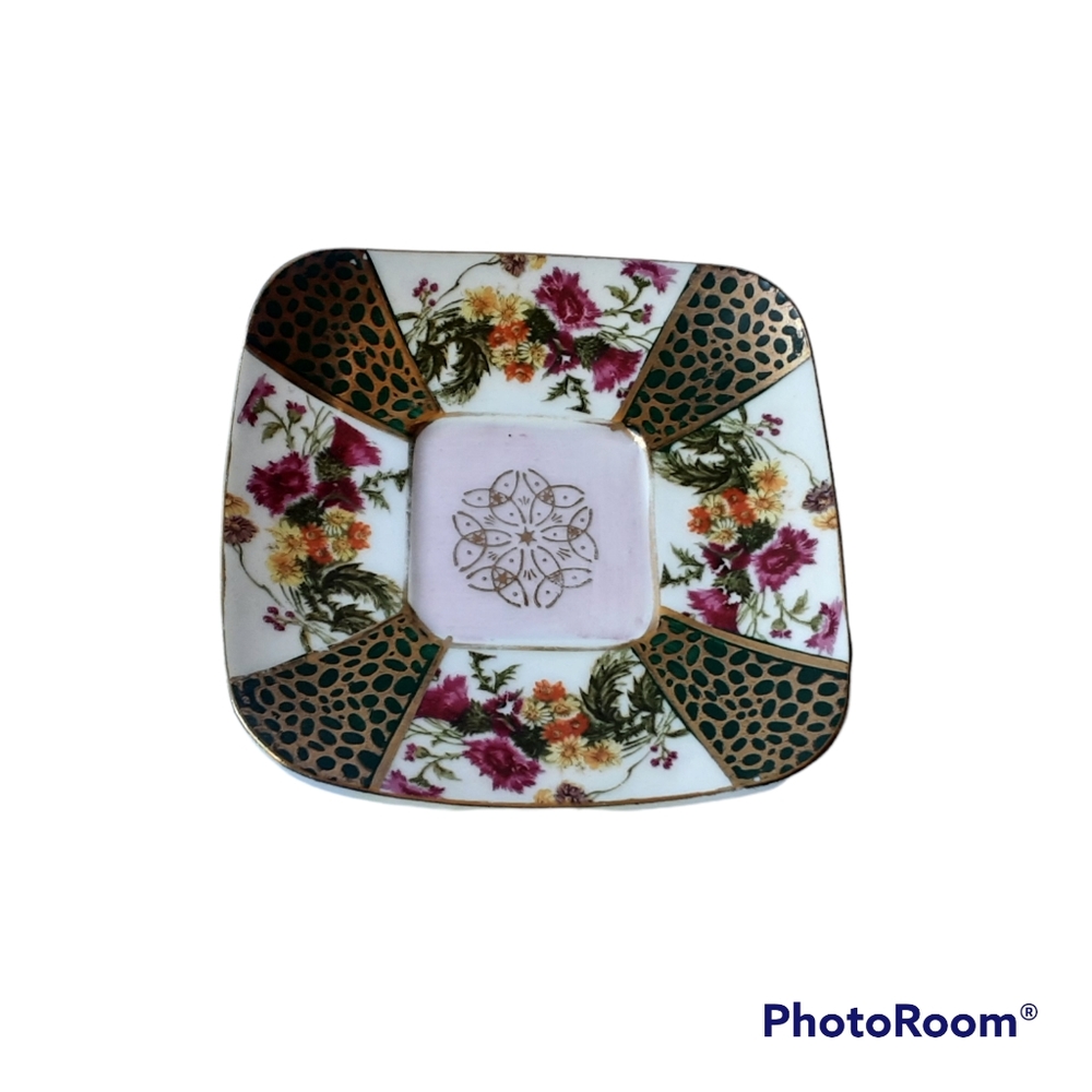 L&M Royal Halsey Very Fine Square Demitasse Floral Gold Green Pink Saucer